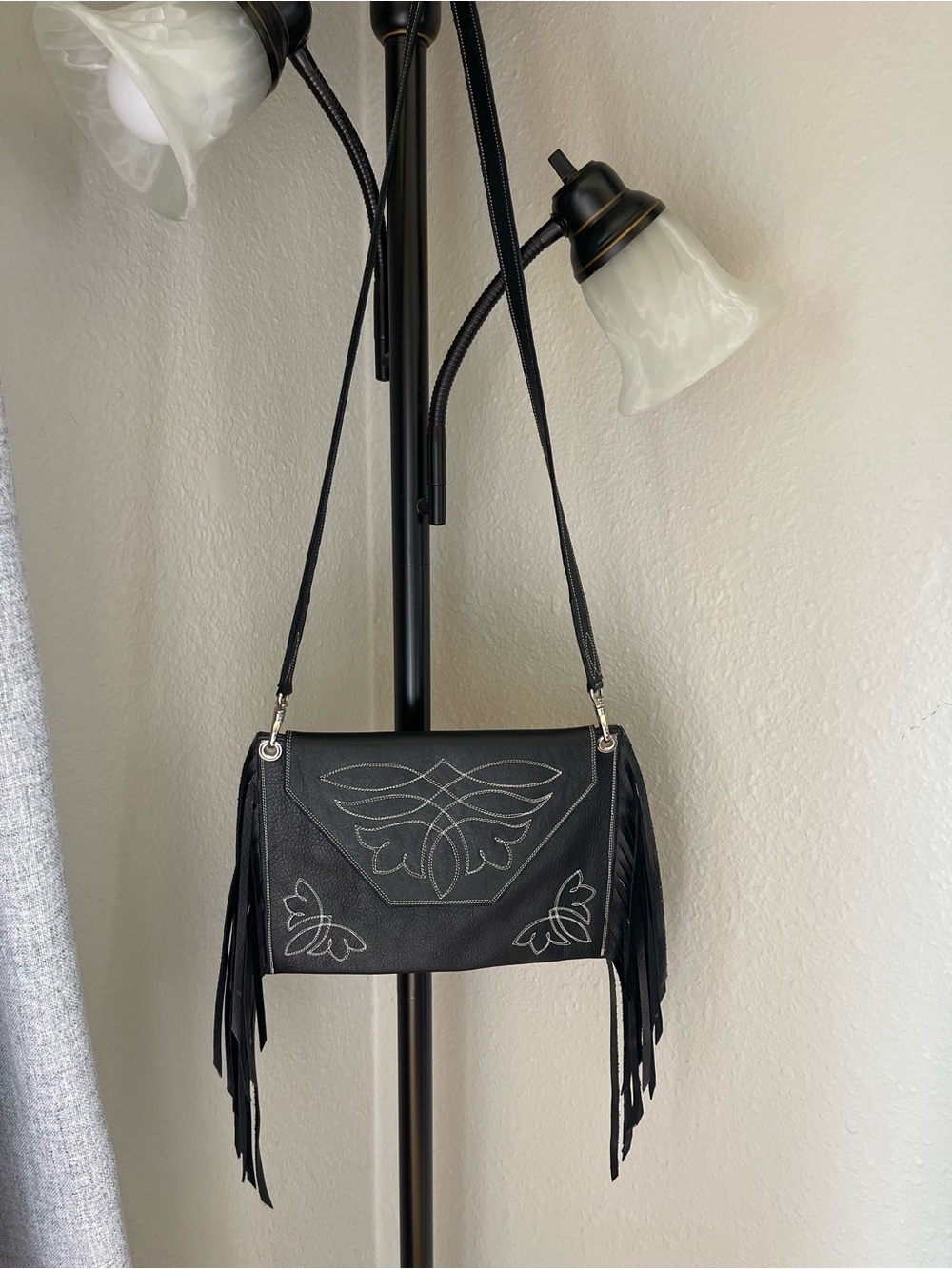 Handmade Leather Bag. Black Fringe Crossbody Bag with White Stitching.